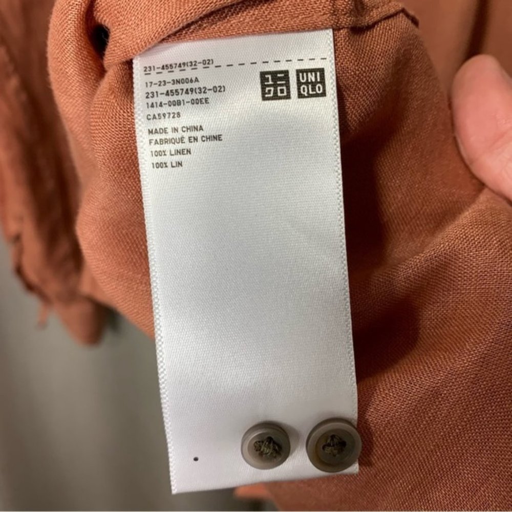 Uniqulo Rust Brown 100% Linen Button Up Shirt Women Sz S Boyfrien - Picture 8 of 10